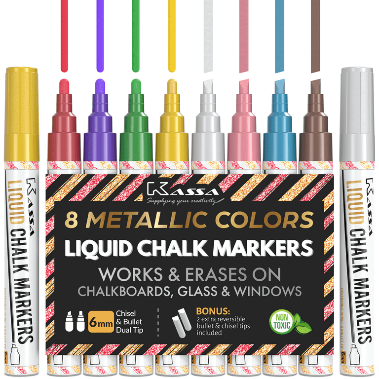 Kassa Liquid Chalk Markers (8 Pack) - Metallic Colors - Erasable Chalkboard Pens for Blackboard Glass Mirrors - Reversible Dual Tip