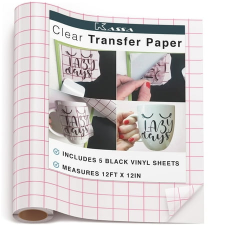Kassa Vinyl Transfer Tape Roll (12” x 12 Feet) - 5 Vinyls Sheets Included - Clear Vinyl Transfer Paper for Cricut & Silhouette Cameo (w/ Perfect Alignment Grid) - Medium Tack