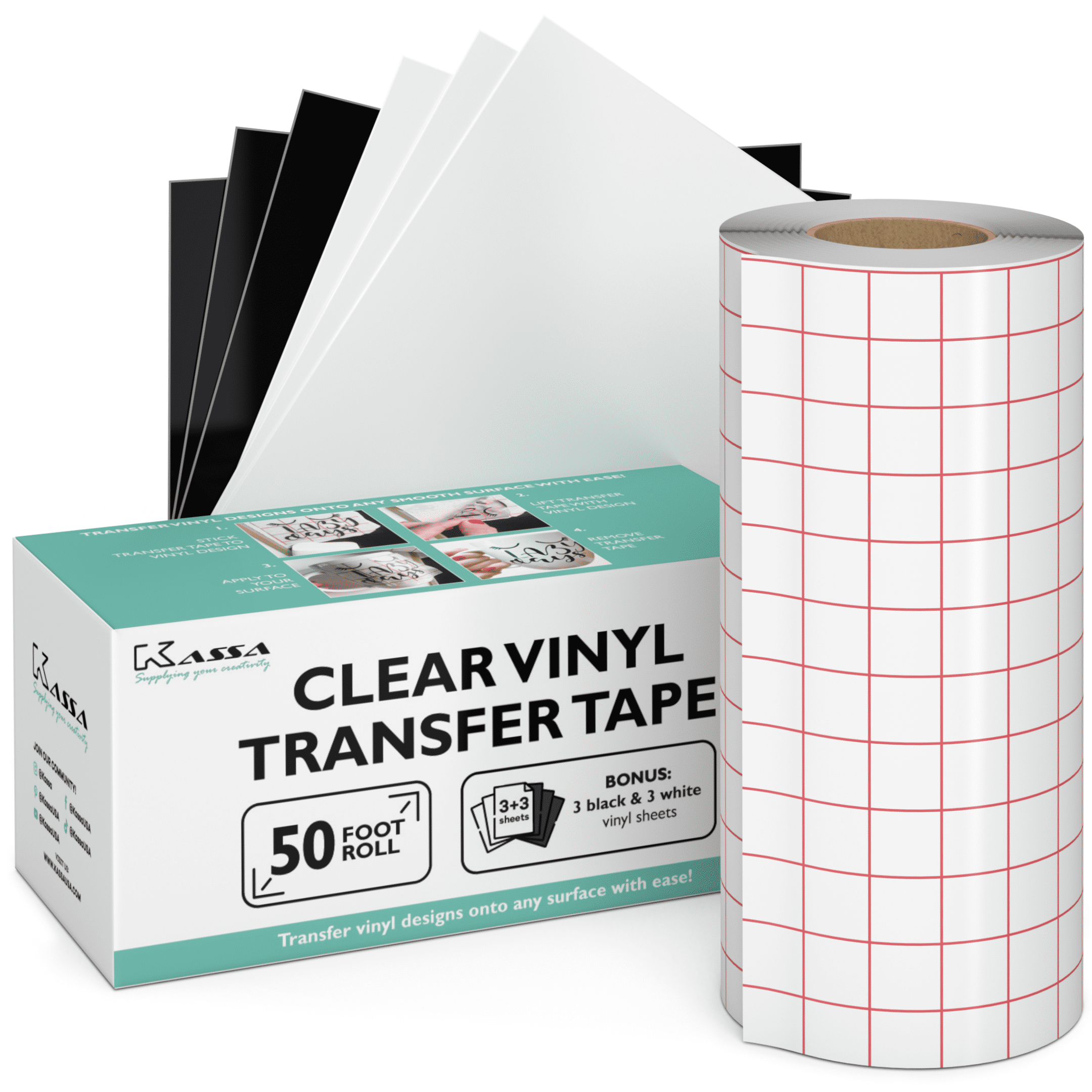 Kassa Vinyl Transfer Tape Roll is 6 x 50 feet, 3 Black and 3 White Vinyl  Sheets Included - Clear Vinyl Transfer Paper for Silhouette Cameo - Medium