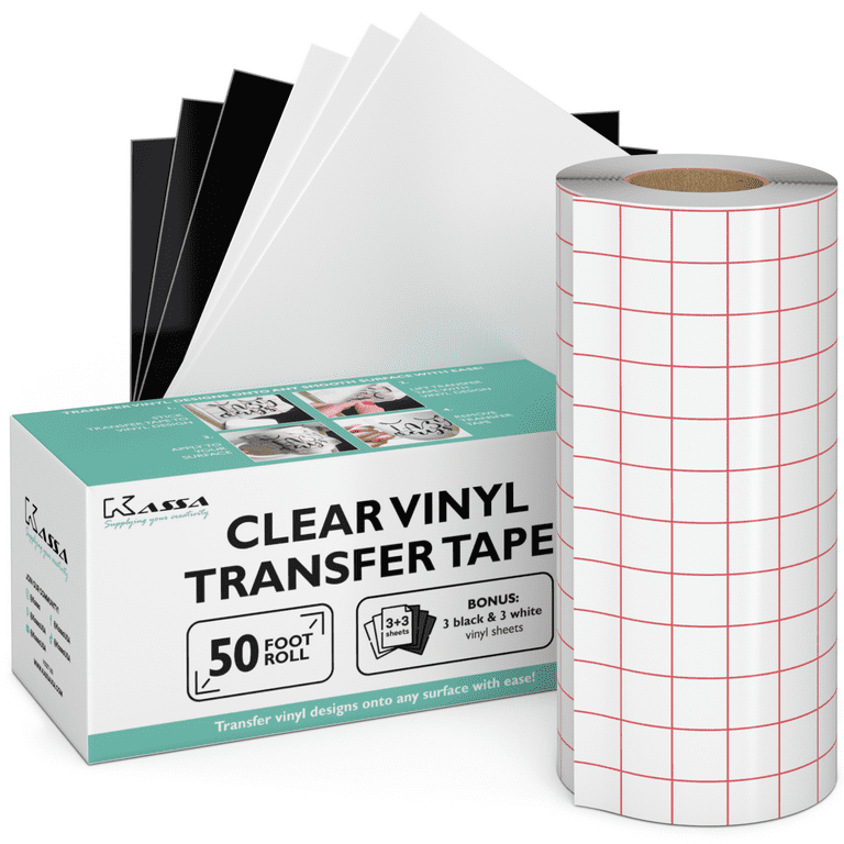 Kassa Vinyl Transfer Tape Roll - 6 inch x 50 Feet - 3 Black, 3 White Vinyl Sheets Included - Clear Vinyl Transfer Paper for Silhouette Cameo (w/