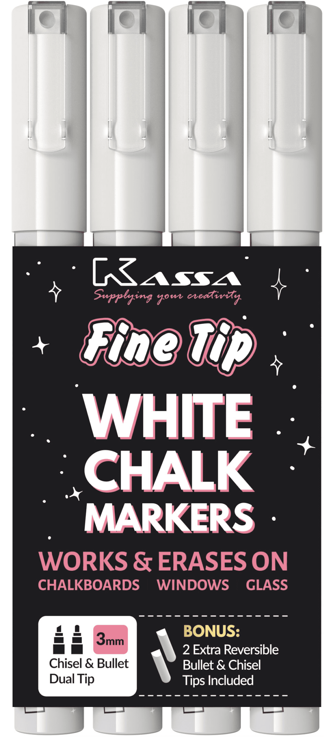 Kassa White Chalk Markers Fine Tip (4 Pack 3mm) - Erasable Chalkboard Pens