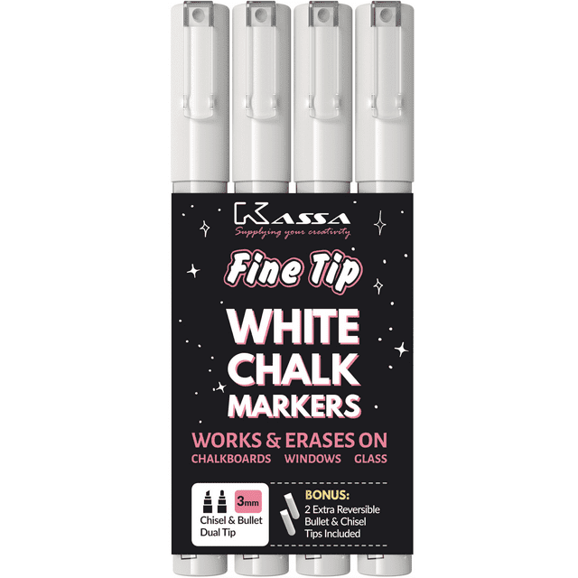 Kassa White (4 Pack) Liquid Chalkboard Markers, Fine Tip Erasable for Blackboard, Windows