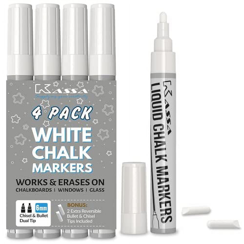 Kassa White Chalk Markers (4 Pack) Liquid Chalkboard Pens: Erasable Blackboard, Classroom, Signs, Windows, Glass or Mirrors; Erasable Chalk Board