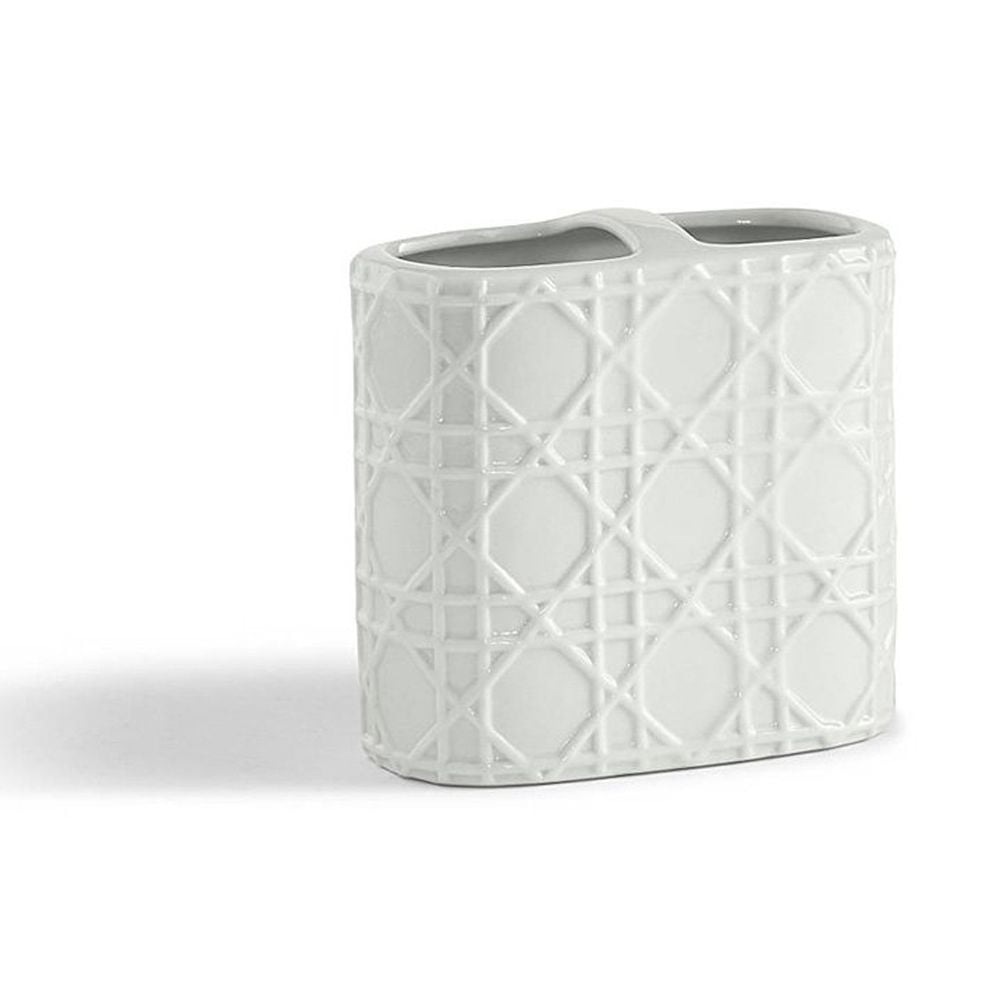 Kassatex White Cabana Toothbrush Holder - Minimalist Bathroom Accessory With White-on-White Stripe