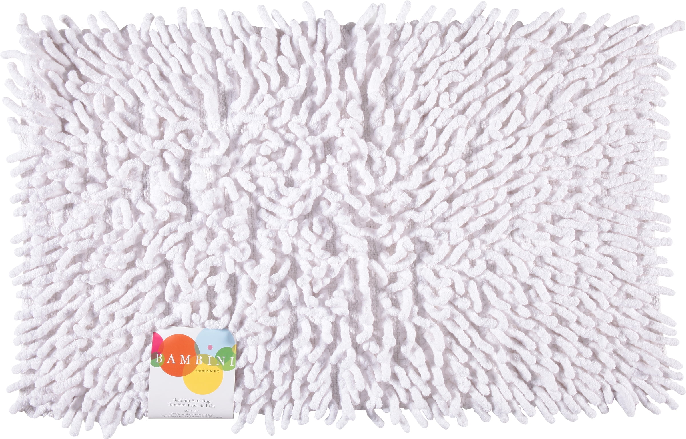 White Shag Chenille Cotton Bath Rug with Non-Slip Backing