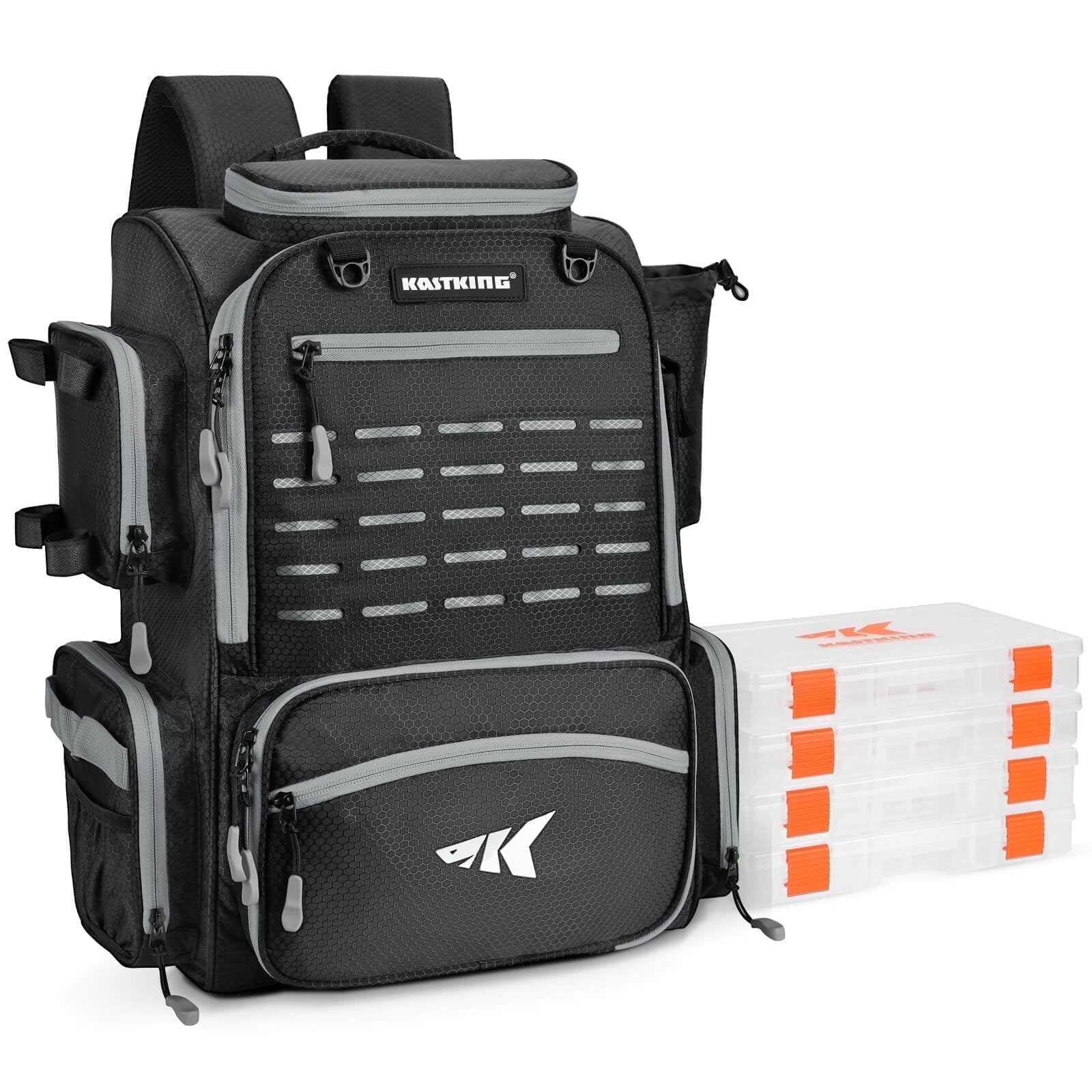 KastKing Bait Boss Fishing Tackle Backpack with Rod Holders-4 Tackle Boxes-Rain Cover,43L Large Storage for Fishing Gear
