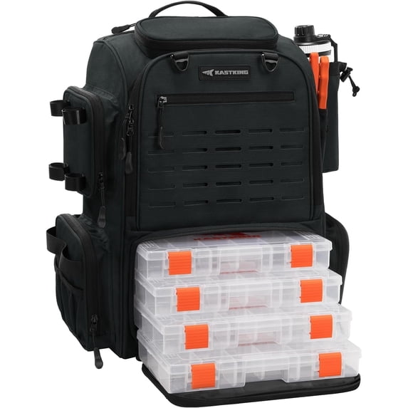 KastKing Fishing Tackle Backpack with Rod Holders-4 Tackle Boxes-Rain Cover,45L Large Storage for Fishing Gear-Bait Boss