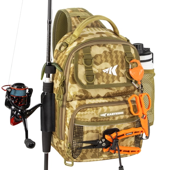 KastKing BaitSpace Fishing Sling Bag, Fishing Backpack with Rod & Beverage Holder, Tackle Bag for Fishing Gear