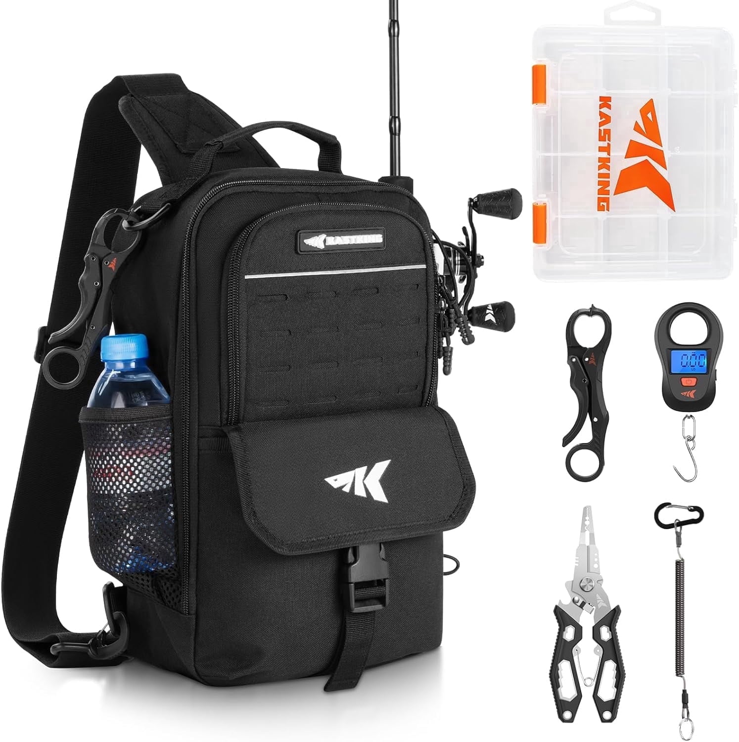 KastKing Fishing Sling Bag with Tackle Box, Waterproof Tackle Storage Pack with Fish Scale, Lip Gripper and 7" Fishing Pliers
