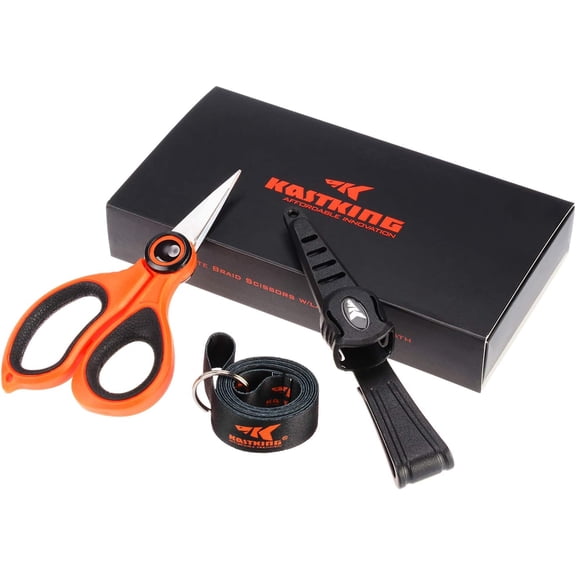 KastKing Fishing Line Scissors, Braided Line Cutters, w/Sheath, Super Sharp 3CR13 Japanese Stainless Steel Blades, Non-Slip TPR Handles, Includes Lanyard
