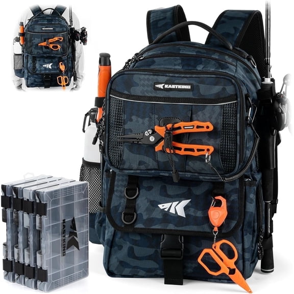 KastKing Fishing Tackle Backpack with Removable Bait Binder & 4 Tackle Boxes, Rod Holders Storage Fishing Gear- BaitSpace-50L