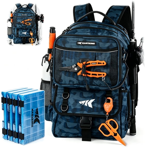 KastKing Fishing Tackle Backpack with Removable Bait Binder & 4 Tackle Boxes, Rod Holders Storage Fishing Gear- BaitSpace-50L