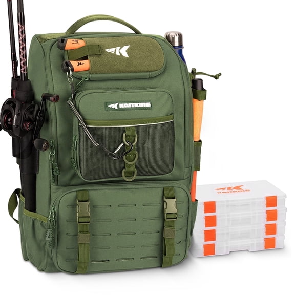 KastKing Karryall Fishing Tackle Backpack with Rod Holders 4 Tackle Tray,Fishing Bag Storage Fishing Gear-Green