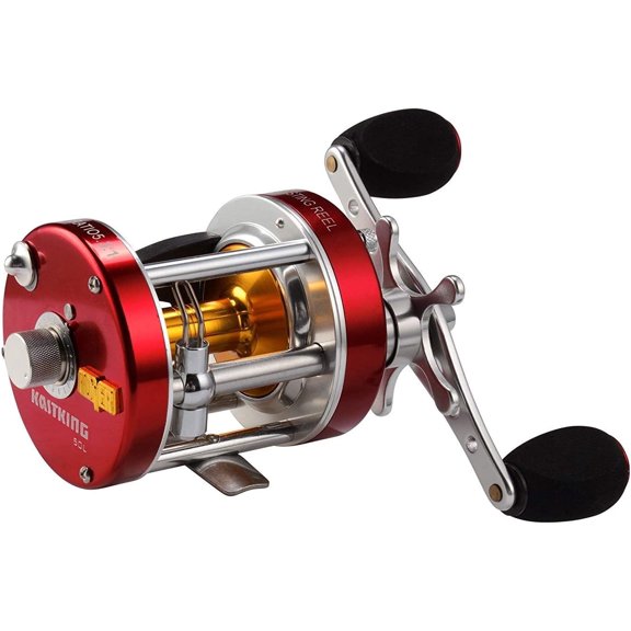 KastKing Round Baitcasting Fishing Reel, Perfect Conventional Reel for Catfish, Salmon/Steelhead,Reinforced Metal Body- Rover-Red