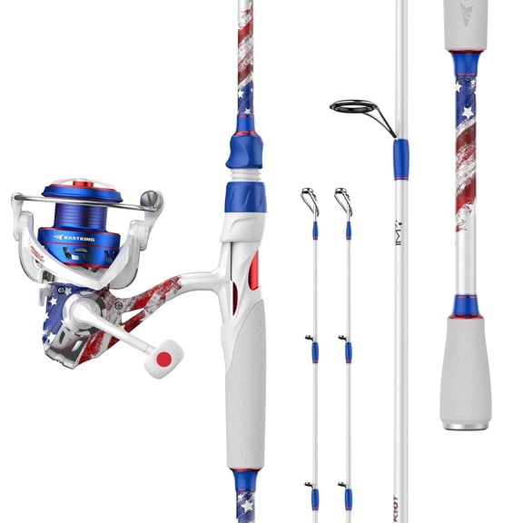 KastKing Royale Legend Patriot Twin-Tip Spinning Fishing Rod and Reel Combo,Spin: 2000 Reel, 6'6''- M Rod(2 Pcs + Extra Tips)