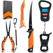 KastKing 5PC Fishing Tool Kit, 7” Fillet Knife with Sheath & Sharpener, Rechargeable Digital Fish Scale,8” Split Ring Fishing Pliers- ToughTide