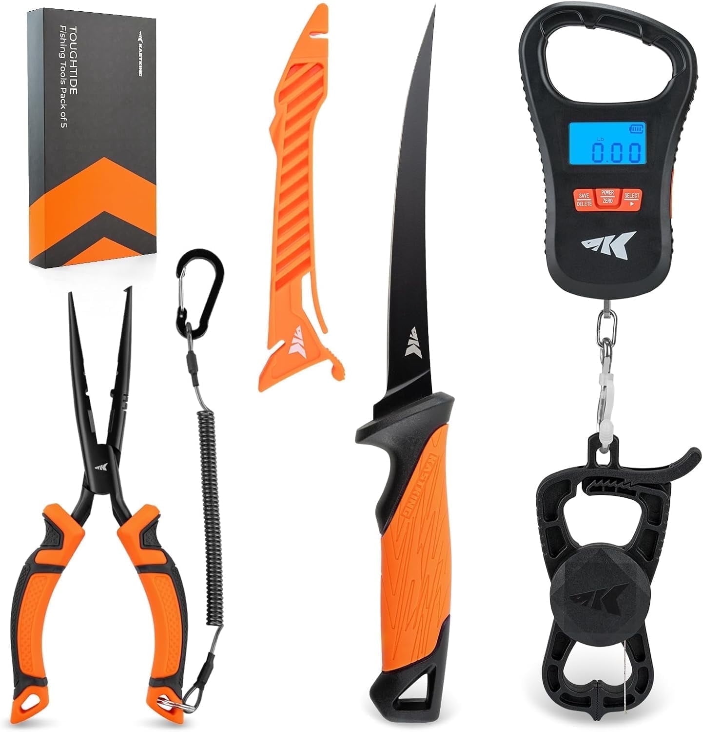 KastKing 5Pc Fishing Tool Kit with Digital Fish Scale, Lip Gripper & Tape Measure, 7" Fillet Knife and 8" Split Ring Pliers ToughTide