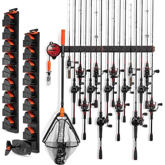 KastKing GravityLock Fishing Rod Holder, Wall Mount Rack 2-Pack, Holds Up to 17 Rods or Combos, Heavy-Duty Garage Storage-V8 & V9