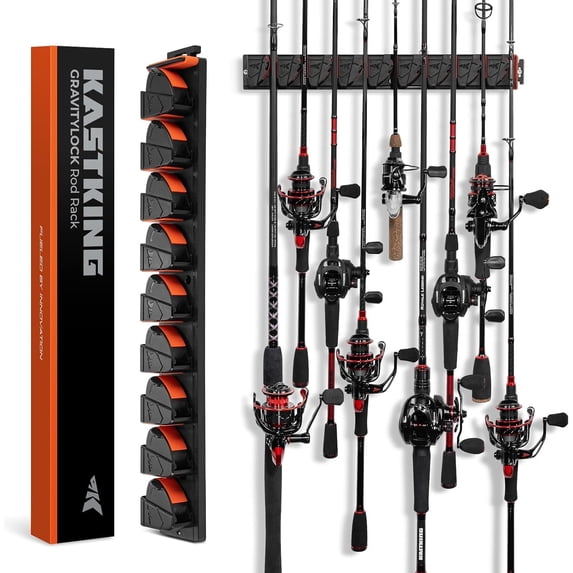 KastKing GravityLock Fishing Rod Holder, Wall Mounted Rack, Holds Up to 9 Rods or Combos, Heavy-Duty Garage Storage-V9