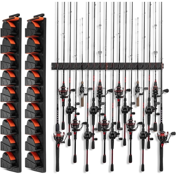 KastKing GravityLock Fishing Rod Holder, Wall Mounted Rack 2-Pack, Holds Up to 18 Rods or Combos, Heavy-Duty Garage Storage-V9