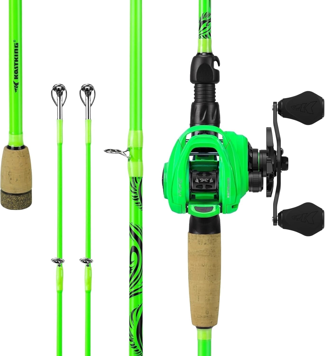 KastKing Baitcaster Fishing Rod and Reel Combo, Cast: 6'6''- Ml& M- Dual-tip Rod - Right Handed IM6 Graphite Rod with KastFlex Technology, Hook Keeper, Multiple Models-Zephyr