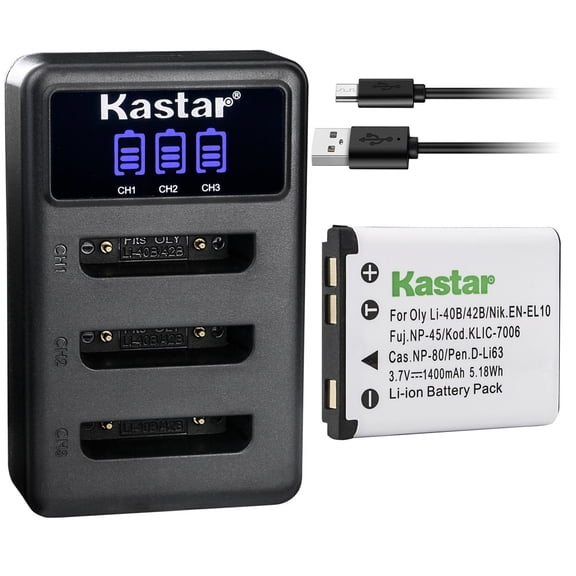 Kastar 1 Pack Battery and LCD Triple USB Charger Compatible with Slimline Super Slim XS400, XS4000, XS7, XS70, XS8, XS80, Ricoh DM-6370, DS-6365, SL-58, SL68, Intova SP-8