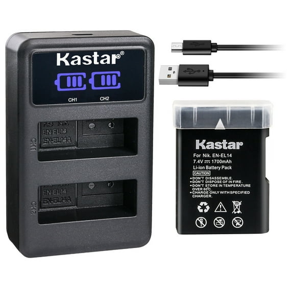 Kastar 1-Pack EN-EL14 Battery and LED2 USB Charger Compatible with Nikon D5100 DSLR Camera, D5200 DSLR Camera, D5300 DSLR Camera, D5500 DSLR Camera, D5600 DSLR Camera, Df DSLR Camera