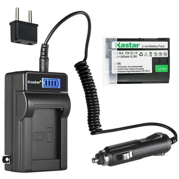 Kastar 1-Pack EN-EL15 Battery and LCD AC Charger Compatible with Nikon 1 V1, D500, D600, D610, D750, D780, D800, D800E, D810, D810A, D850, D7000, D7100, D7200, D7500, Z 6, Z6, Z 7, Z7, Z 7 Q3, Z7Q3