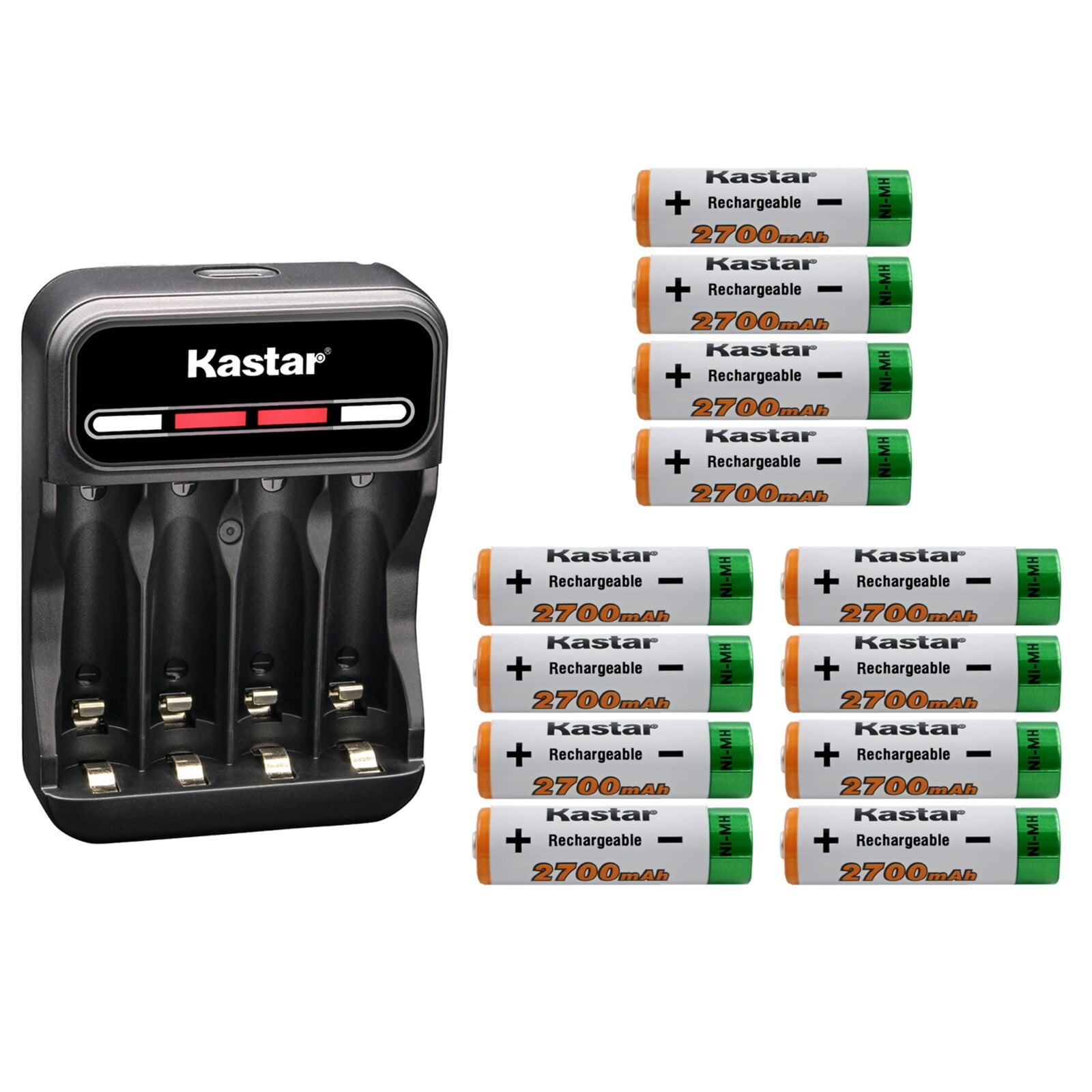 Kastar 12-Pack AA 1.2V 2700mAh Ni-MH Battery and CMH4 Smart USB Charger Compatible with Any Capacity of AA Ni-CD & Ni-MH Batteries