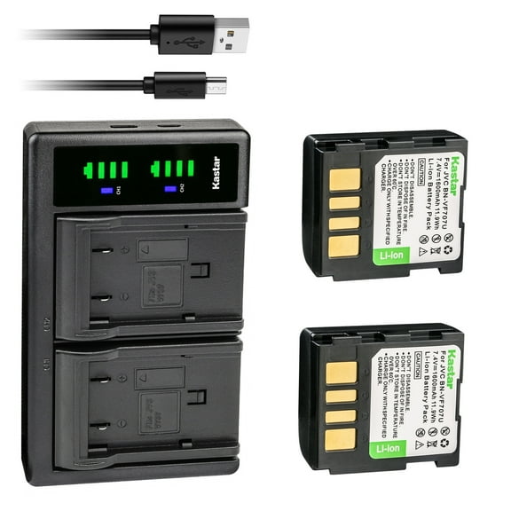 Kastar 2-Pack BN-VF707 Battery and LTD2 USB Charger Replacement for JVC GZ-MG47EK GZ-MG47EX GZ-MG47EY GZ-MG47EZ GZ-MG50 GZ-MG50AA GZ-MG50AG GZ-MG50AH GZ-MG50AS GZ-MG50E GZ-MG50EK GZ-MG50EX