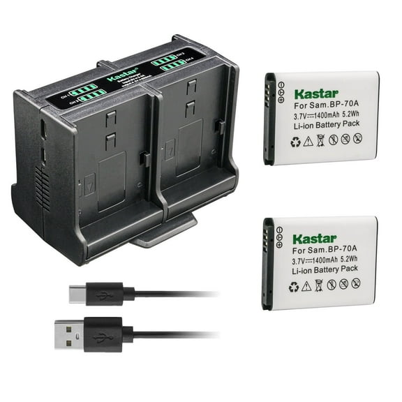 Kastar 2-Pack BP-70A Battery and Quadruple Charger Compatible with Samsung PL21, PL80, PL81, PL90, PL91, SL50, SL600, SL605, SL630, ST100, ST150F, ST151F, ST152F, ST30, ST60, ST61, ST64, ST65 Camera