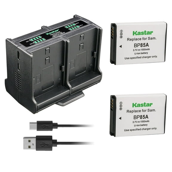 Kastar 2-Pack BP-85A Battery and Quadruple Charger Compatible with Samsung EC-WB210ZBPRUS, PL210, SH100, ST200, ST200F, WB210, EC-PL210ZBPUUS, EC-SH100ZBPBUS, EC-SH100ZBPRUS, EC-SH100ZBPSUS Camera