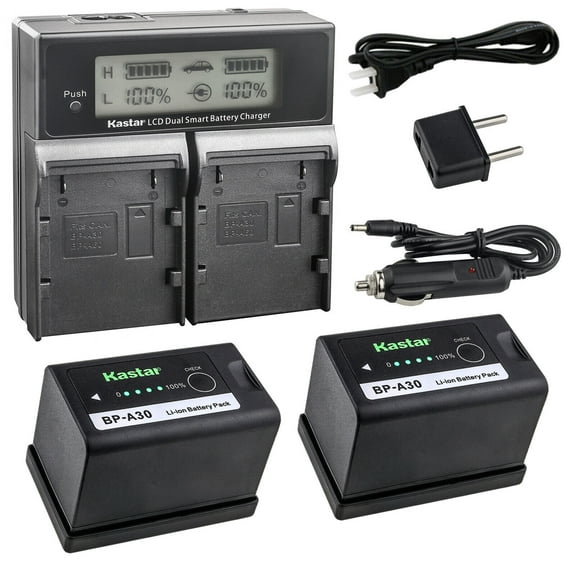 Kastar 2-Pack BP-A30 Battery and AC LCD Dual Fast Charger Compatible with Canon BP-A Series BP-A30 BP-A60 BP-A65 BP-A90 US 0870C002 Battery, Canon CG-A10 CG-A20 Charger