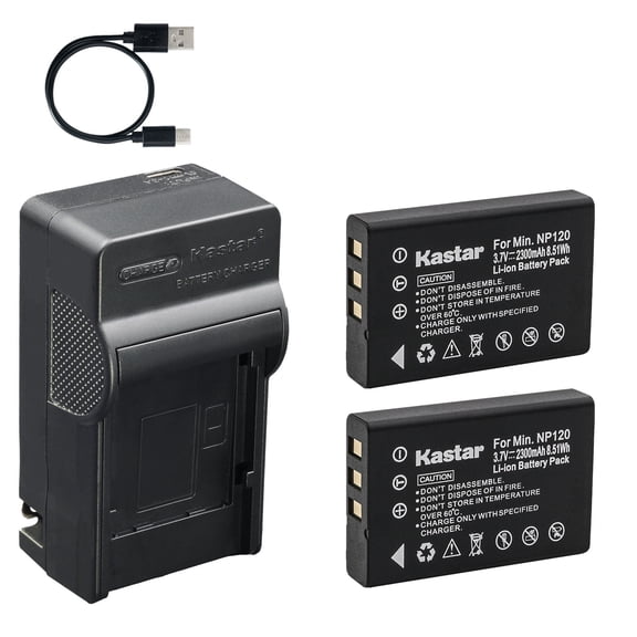 Kastar 2-Pack Battery and AC & USB-C Charger, Compatible with NP-120 PX1657 D-LI7 DB-43 BP-1500S, Fujifilm FinePix F10 F11 M603, Toshiba H30 X100, Pentax Optio, Ricoh Caplio, Ordro HDV, Zohulu 4K