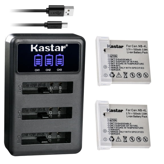 Kastar 2 Pack Battery and LCD Triple USB Charger Compatible with Canon NB-4L, NB-4LH, Canon Digital IXUS 75, Digital IXUS 80 IS, Digital IXUS 100 IS, Digital IXUS 110 IS, Digital IXUS 120 IS Camera