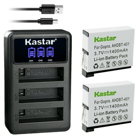Kastar 2 Pack Battery and LCD Triple USB Charger Compatible with Gopro AHDBT-401 Action Sport Camera, AHBBP-401 Sport Camera, HD HERO4 Black & Silver, HD Hero 4 Black & Silver Action Sport Camera