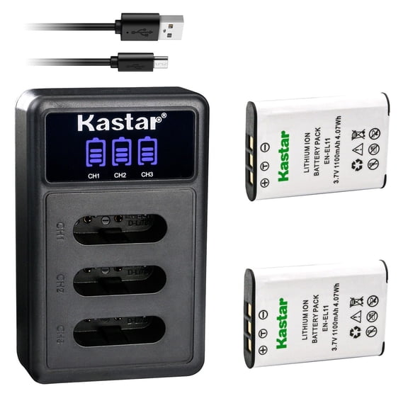 Kastar 2 Pack Battery and LCD Triple USB Charger Compatible with Nikon EN-EL11 Battery, MH-64 Charger, Nikon Coolpix S550, Coolpix S560 Camera, Ricoh DB-80 Battery, BJ-8 Charger, Ricoh R50 Camera