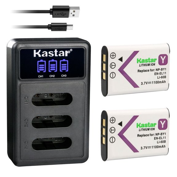 Kastar 2 Pack Battery and LCD Triple USB Charger Compatible with Olympus Li-60B Li60B Battery, Olympus Li-60C Li60C Charger, OLYMPUS CAMEDIA FE-370 FE370 Digital Camera
