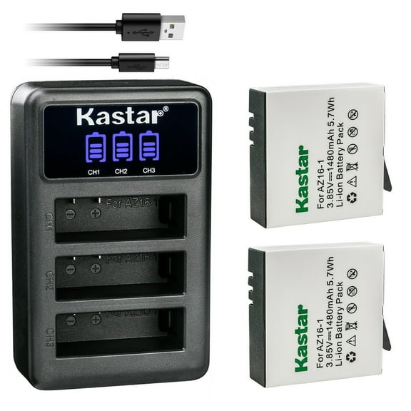 Kastar 2 Pack Battery and LCD Triple USB Charger Compatible with Xiaomi YI AZ16-1, Xiaomi YI AZ16-2 Battery, Xiaomi Yi 4K, Xiaomi Yi 4K+, Xiaomi Yi Lite, Xiaomi YI 360 VR Action Camera Models