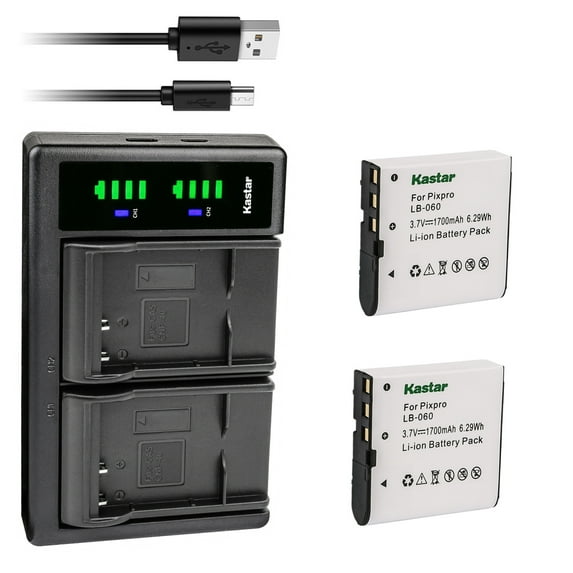 Kastar 2-Pack Battery and LTD2 USB Charger Replacement for Kodak LB-060 Battery, Kodak PixPro AZ525, PixPro AZ526, PixPro AZ527, PixPro AZ528 Digital Camera, Minolta MN53Z 16MP FHD Bridge Camera