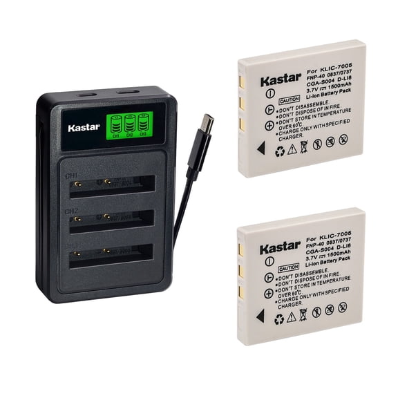 Kastar 2-Pack Battery with LZD3 USB Triple Charger Compatible with Pentax D-Li8 Fujifilm NP-40 Panasonic CGA-S004 Samsung SLB-0737, Optio A10 S5i W10, FinePix F402 F455 F610 F700 Z1 Cameras