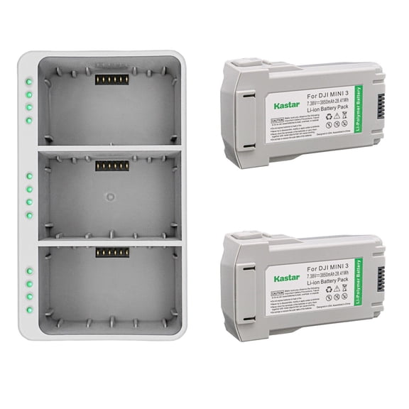 Kastar 2-Pack Battery Plus 7.38V 3850mAh 28.41Wh and LED Triple Charger Compatible with DJI Intelligent Flight Mini 3 Drone, Mini 3 Pro Drone, Mini 4 Pro Camera Drone