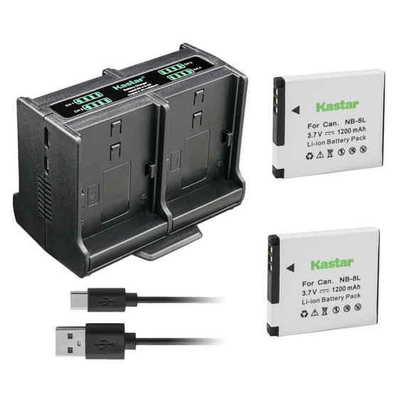 Kastar 2-Pack Battery and Quadruple Charger Compatible with Canon NB-8L NB8L, NB-8LH NB8LH Battery, Canon CB-2LA, CB-2LAE Charger