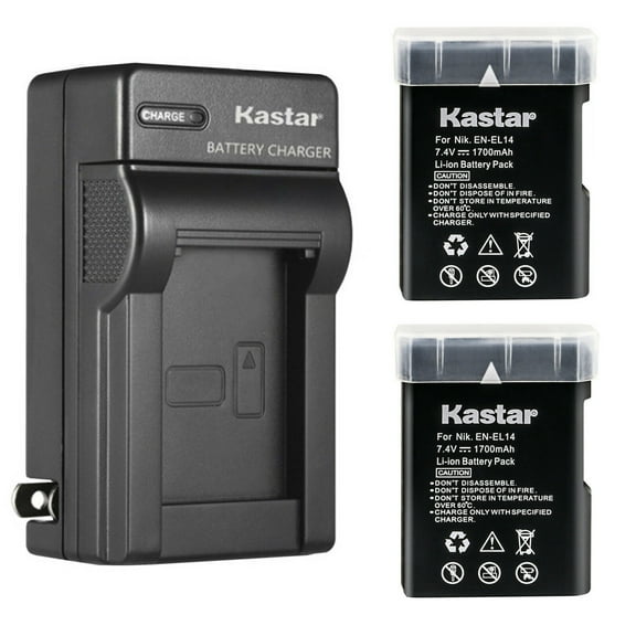 Kastar 2-Pack EN-EL14 Battery and AC Wall Charger Replacement for Nikon Coolpix P7700 Camera, Coolpix P7800 Camera, D3100 DSLR Camera, D3200 DSLR Camera, D3300 DSLR Camera, D3400 DSLR Camera