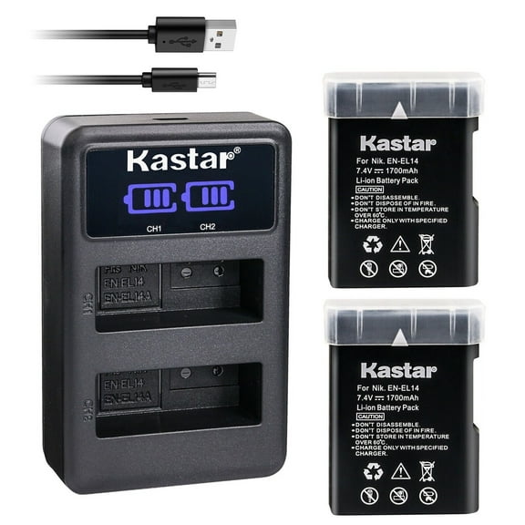 Kastar 2-Pack EN-EL14 Battery and LED2 USB Charger Compatible with Nikon D5100 DSLR Camera, D5200 DSLR Camera, D5300 DSLR Camera, D5500 DSLR Camera, D5600 DSLR Camera, Df DSLR Camera