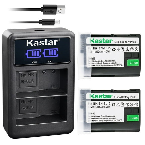 Kastar 2-Pack ENEL15 Battery and LED2 USB Charger Compatible with Nikon EN-EL15 Battery, MH-25 Charger, Nikon 1 V1, D500 D600 D610 D750 D780 D800 D800E D810 D810A D850, D7000 D7100 D7200 D7500 Camera