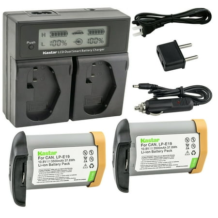Kastar 2 Pack Fully Decode LP-E19 Battery 10.8V 3500mAh 37.8Wh and LCD Dual Fast Charger Replacement for Canon EOS 1D X Mark II, Mark 2, EOS-1D X Mark III, Mark 3, 1DX Mark2 Mark3 Camera