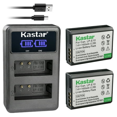 Kastar 2-Pack LP-E10 Battery and LED2 USB Charger Compatible with Canon EOS Rebel T3, EOS Rebel T5, EOS Rebel T6, EOS Rebel T7, EOS 1100D, EOS 1200D, EOS 1300D, EOS 1500D, EOS 2000D, EOS 3000D