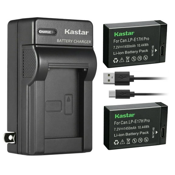 Kastar 2-Pack LP-E17H Pro Battery W/ Type-C Cable and AC Wall Charger Replacement for Canon EOS R8 Mirrorless Camera, EOS R50 Mirrorless Camera, Saramonic VmicLink5 HiFi Wireless Microphone Systems
