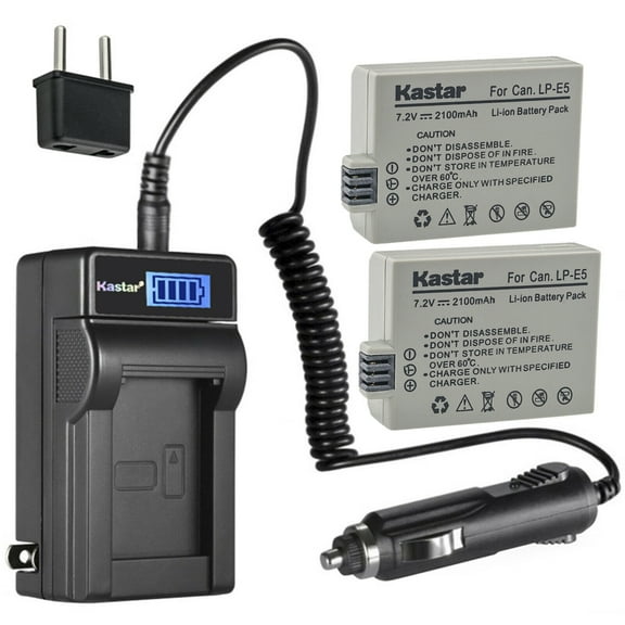 Kastar 2-Pack LP-E5 Battery and LCD AC Charger Compatible with Canon LC-E5 LC-E5 LC-E5E EOS, Rebel XSi, EOS Rebel XS, EOS Rebel T1i, EOS 450D, EOS 500D, EOS 1000D, EOS Kiss F, EOS Kiss X2, EOS Kiss X3